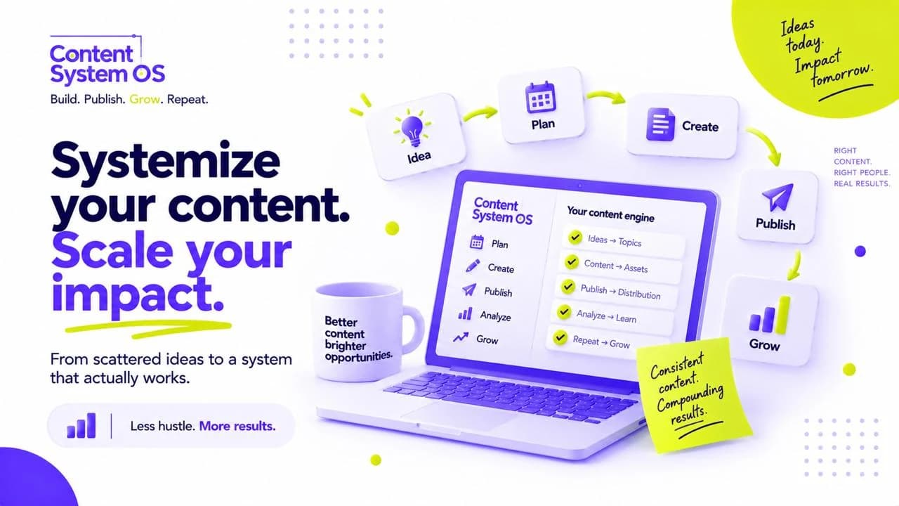 Five-step content loop around a dashboard: idea, plan, create, publish and grow.